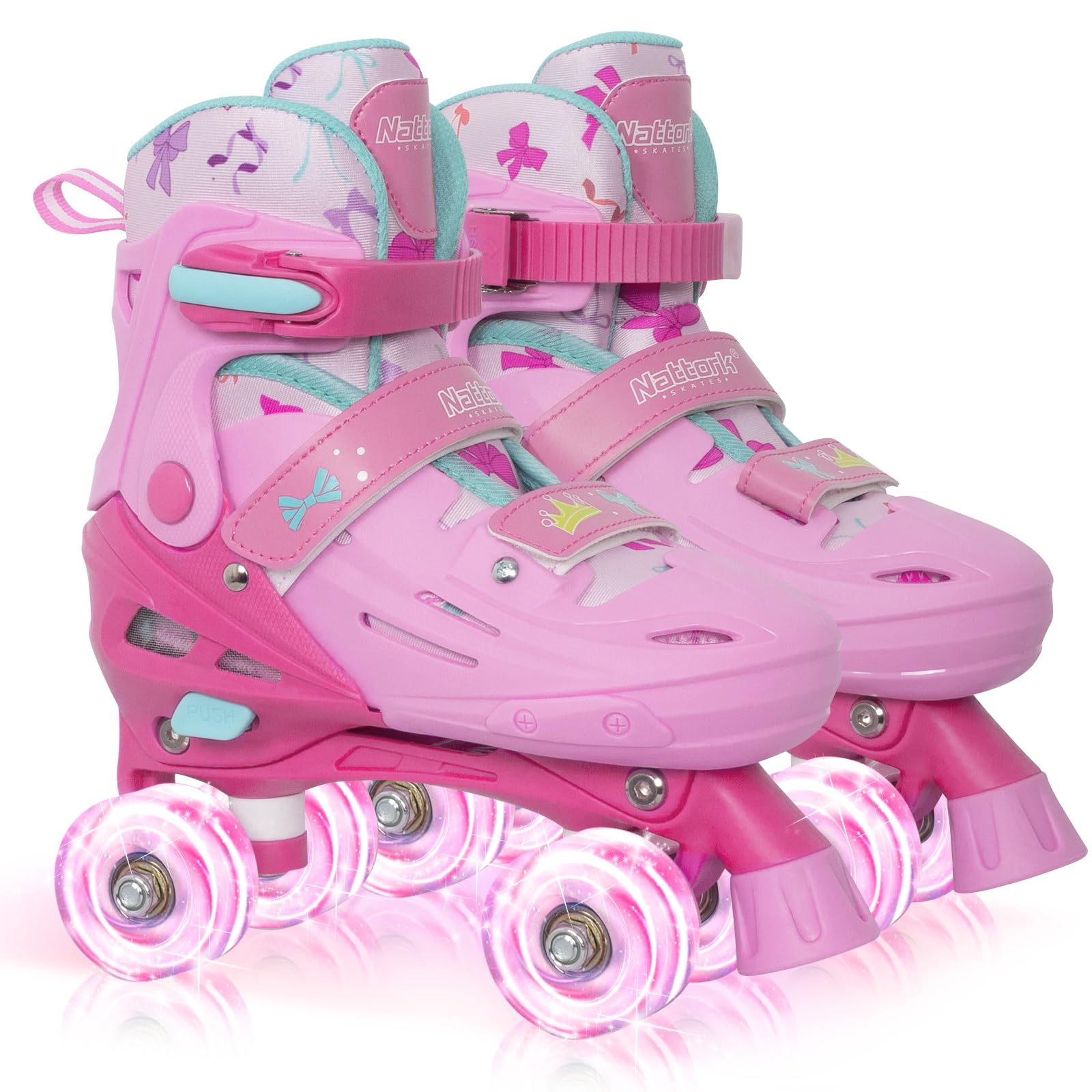 Nattork front view of pink quad skates showing playful print and fit benefit