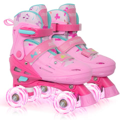 Nattork front view of pink quad skates showing playful print and fit benefit
