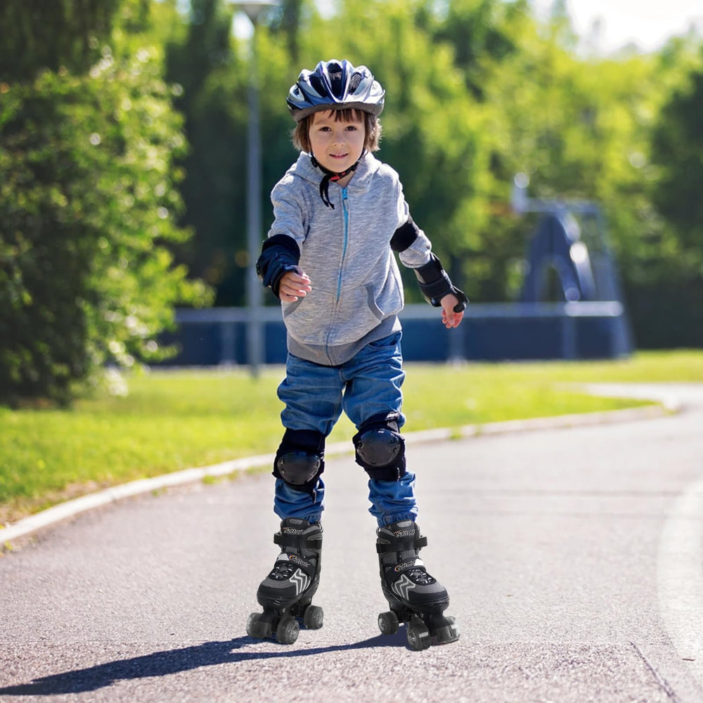 nattork skates beside a child’s shoe for size comparison, illustrates adjustable fit