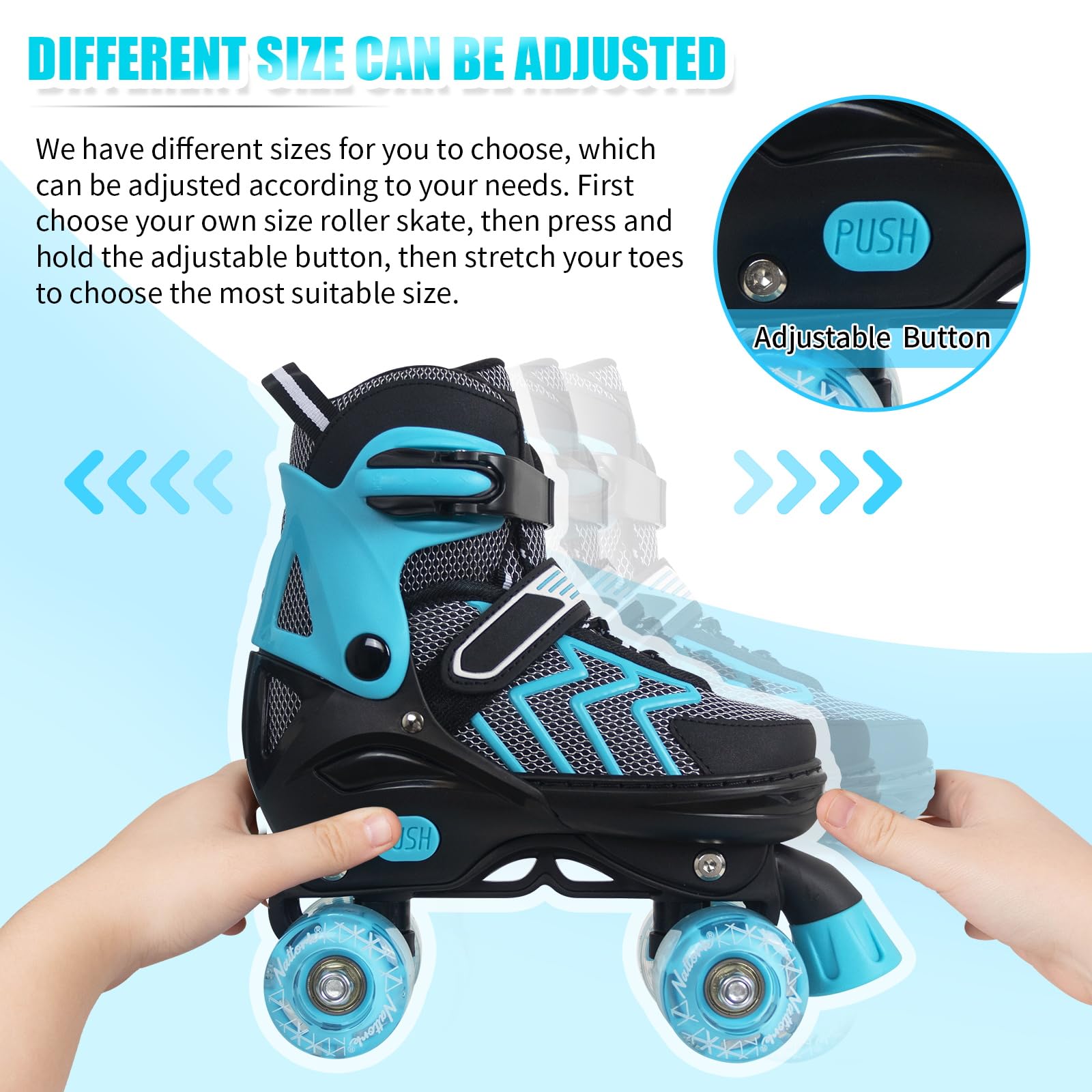 Nattork side profile highlighting adjustable button for growing feet