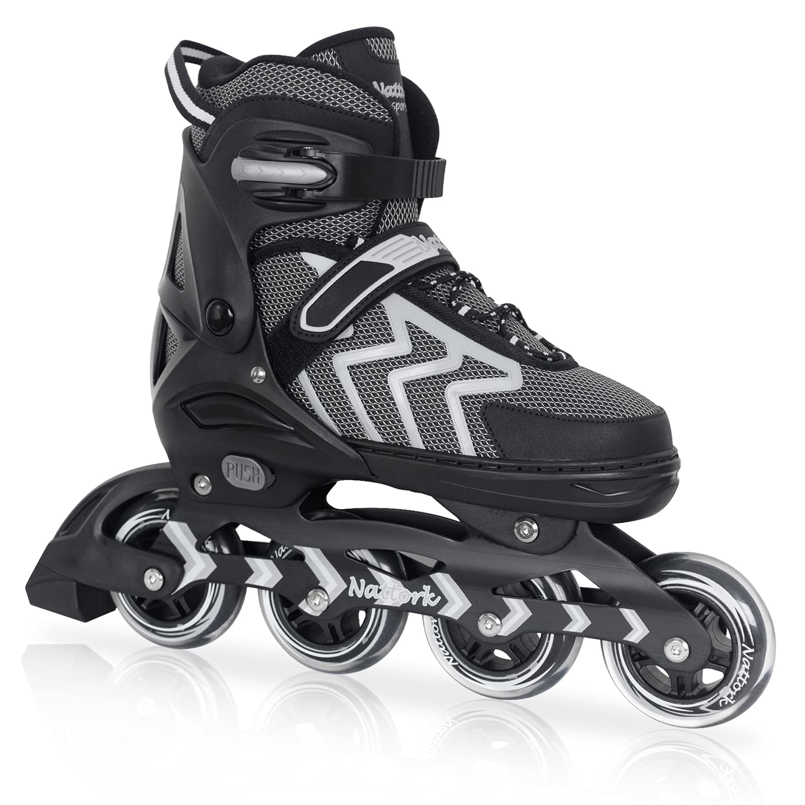 Nattork skates front profile showing sleek black design and snug fit benefit stability