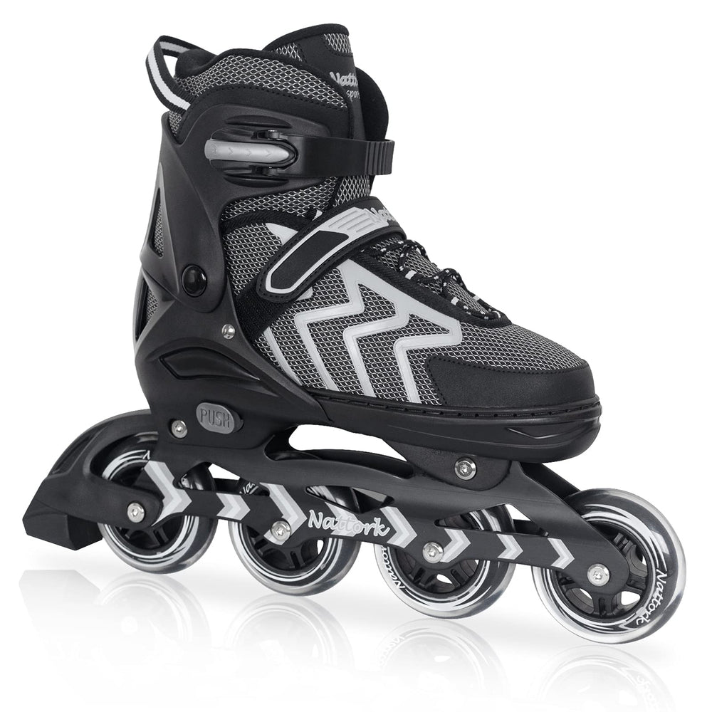 Nattork skates front profile showing sleek black design and snug fit benefit stability