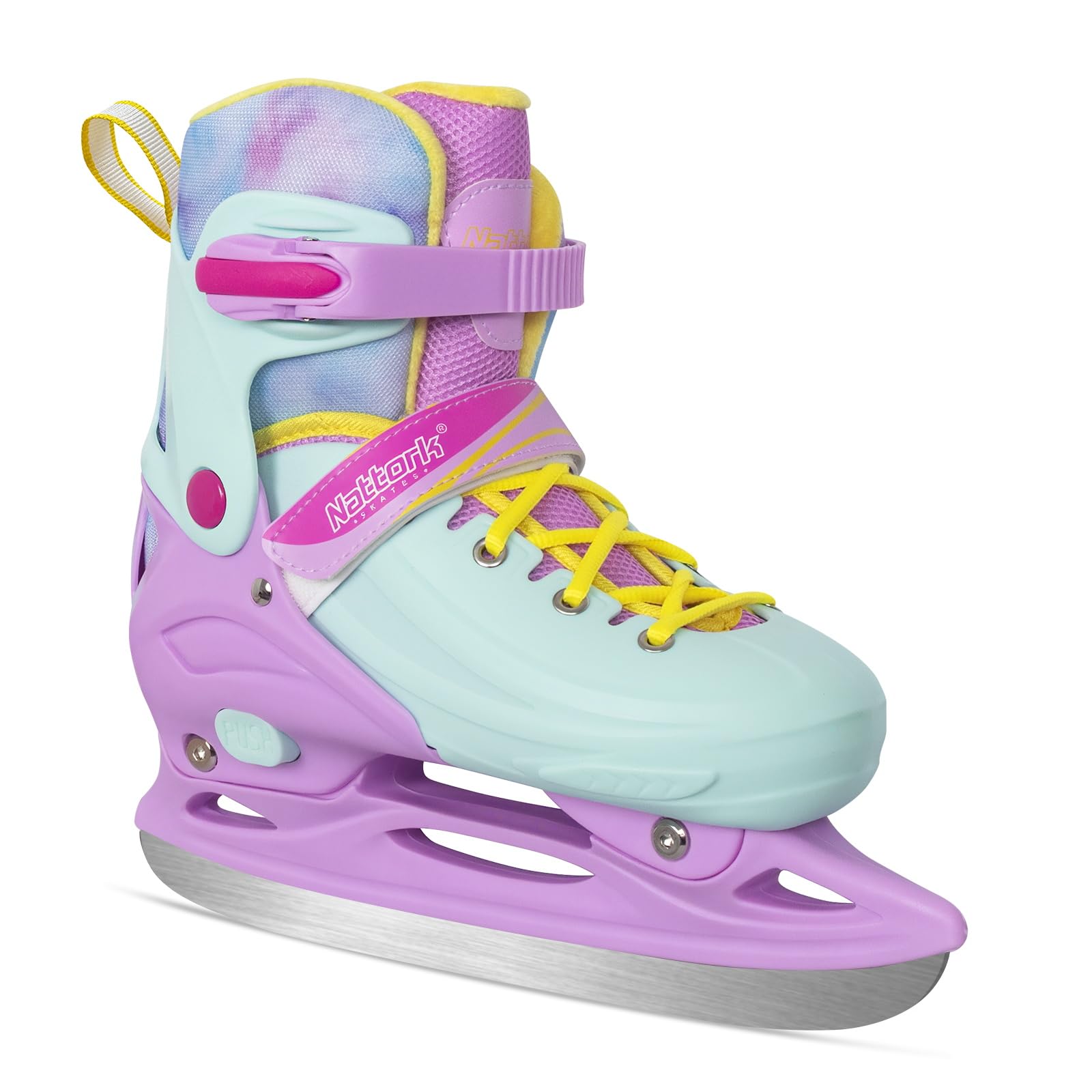 Nattork front view showing teal skates and secure buckles, safety-focused fit