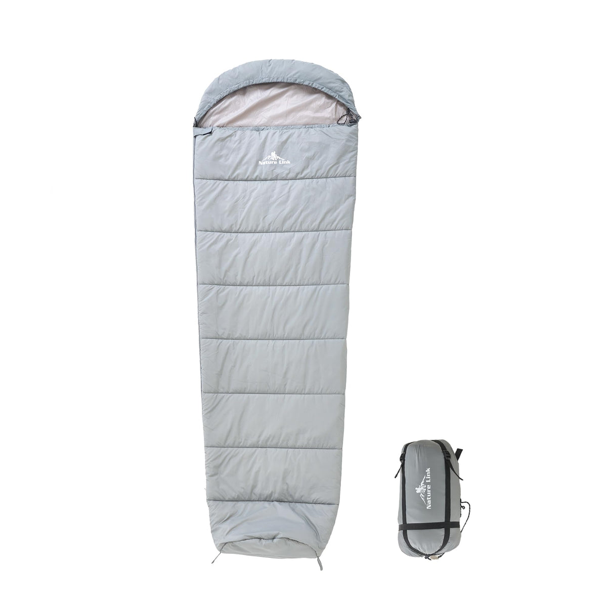Nature Link front view of mummy sleeping bag showing shape and zipper for easy packing
