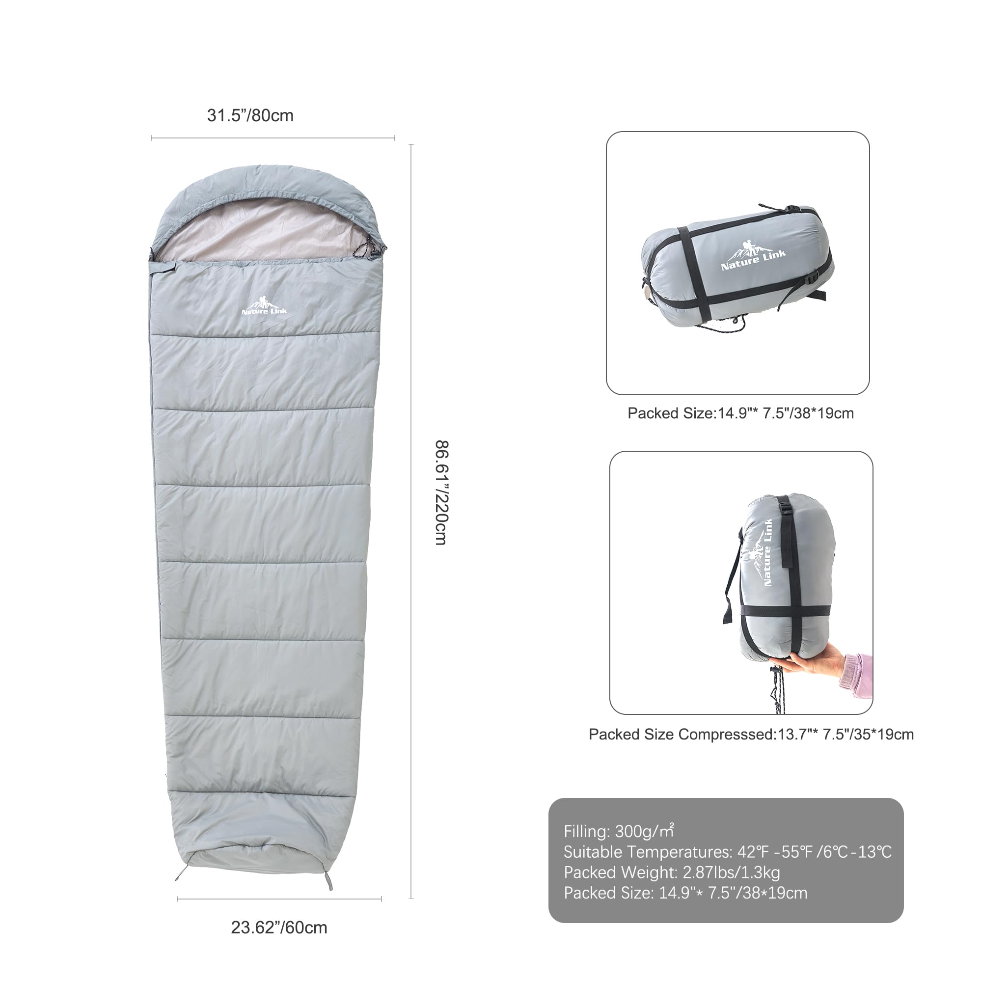 Nature Link sleeping bag compressed into stuff sack for compact backpack carry benefit