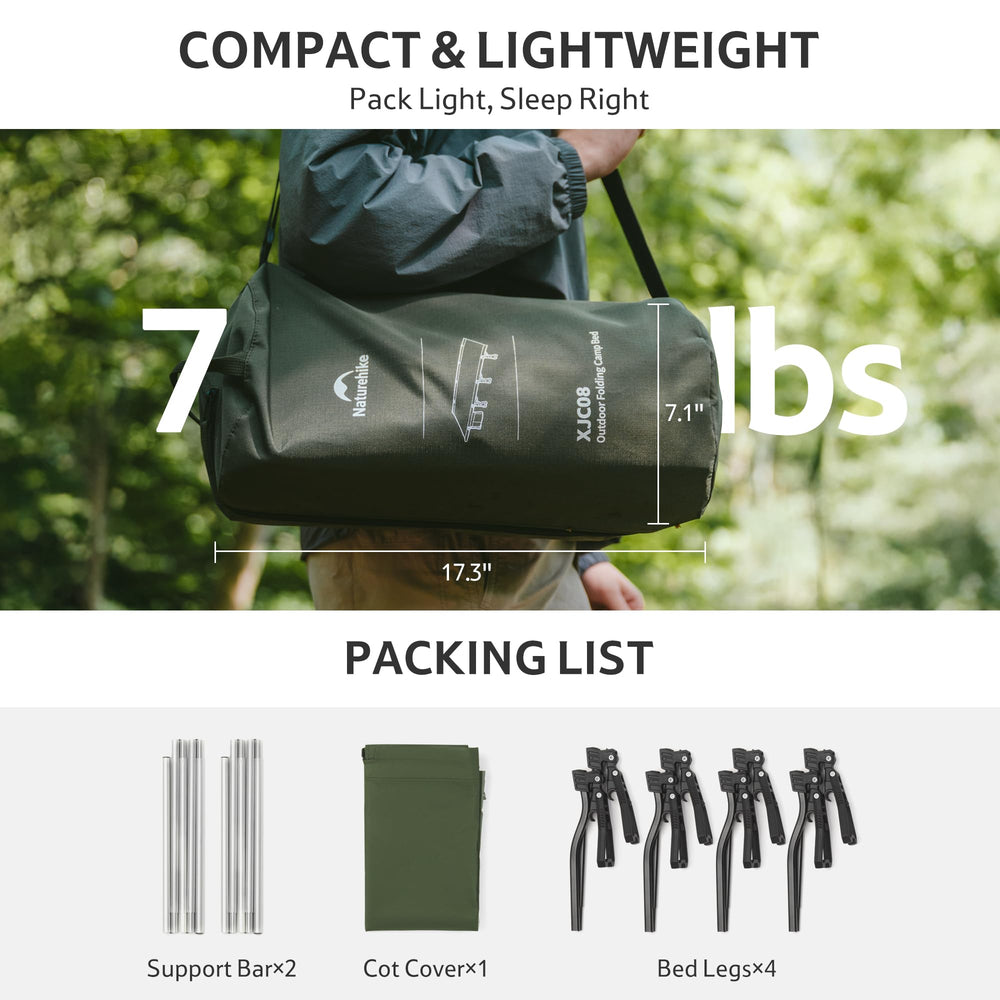 Naturehike folded cot packed in carry bag for compact transport and easy storage
