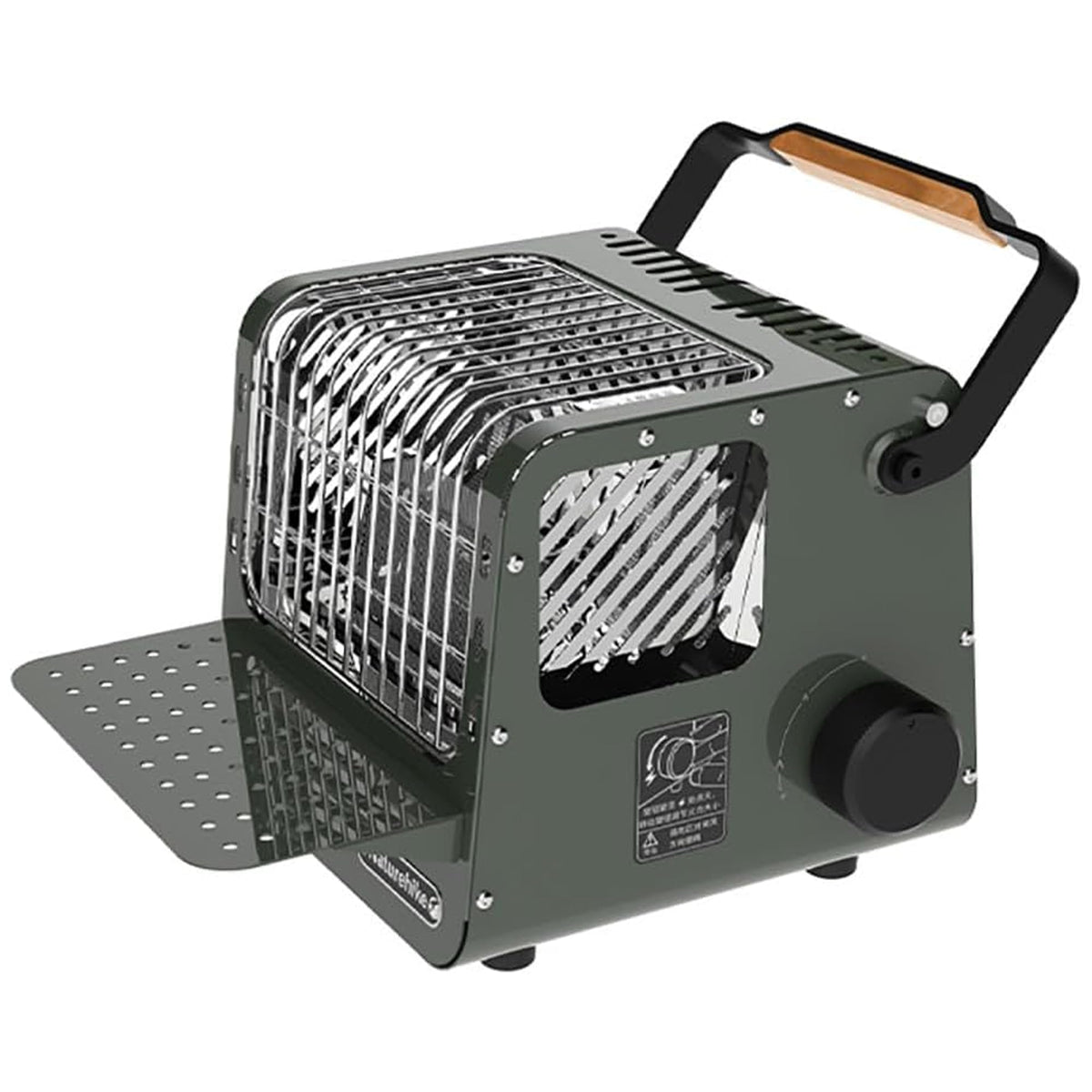 windhike front view of compact heater-stove showing compact design and portability