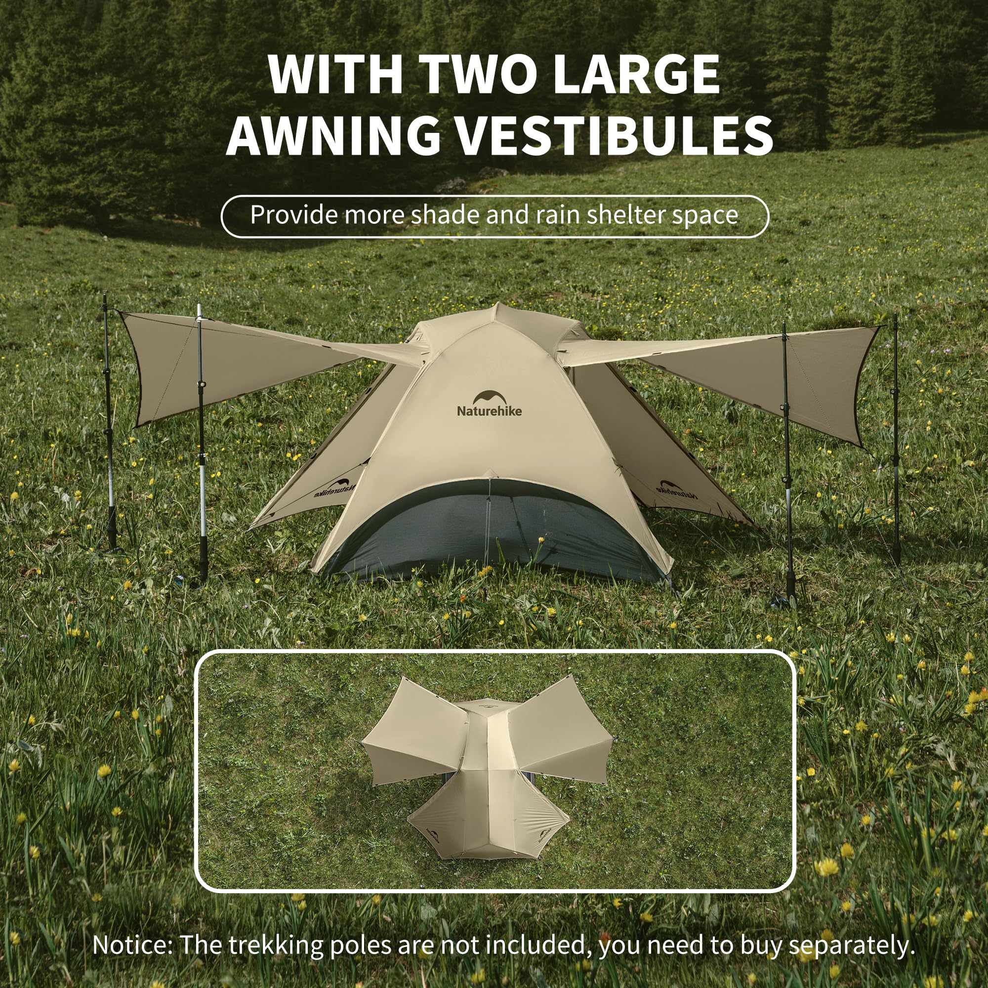 Naturehike rain fly with awning vestibule giving covered gear storage