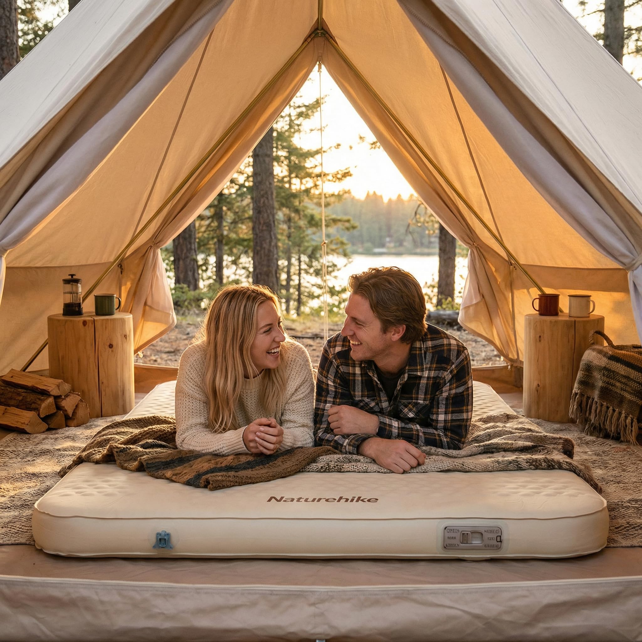 Naturehike mattress next to standing person illustrating full-XL size and scale benefit