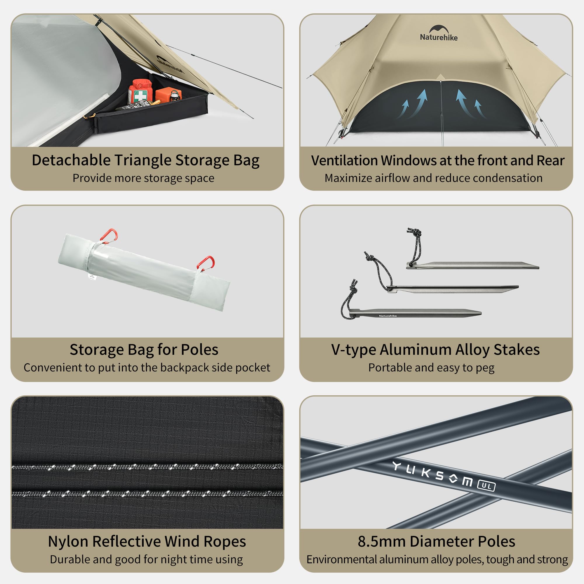 Naturehike detachable triangle storage bag and interior pockets for organized gear