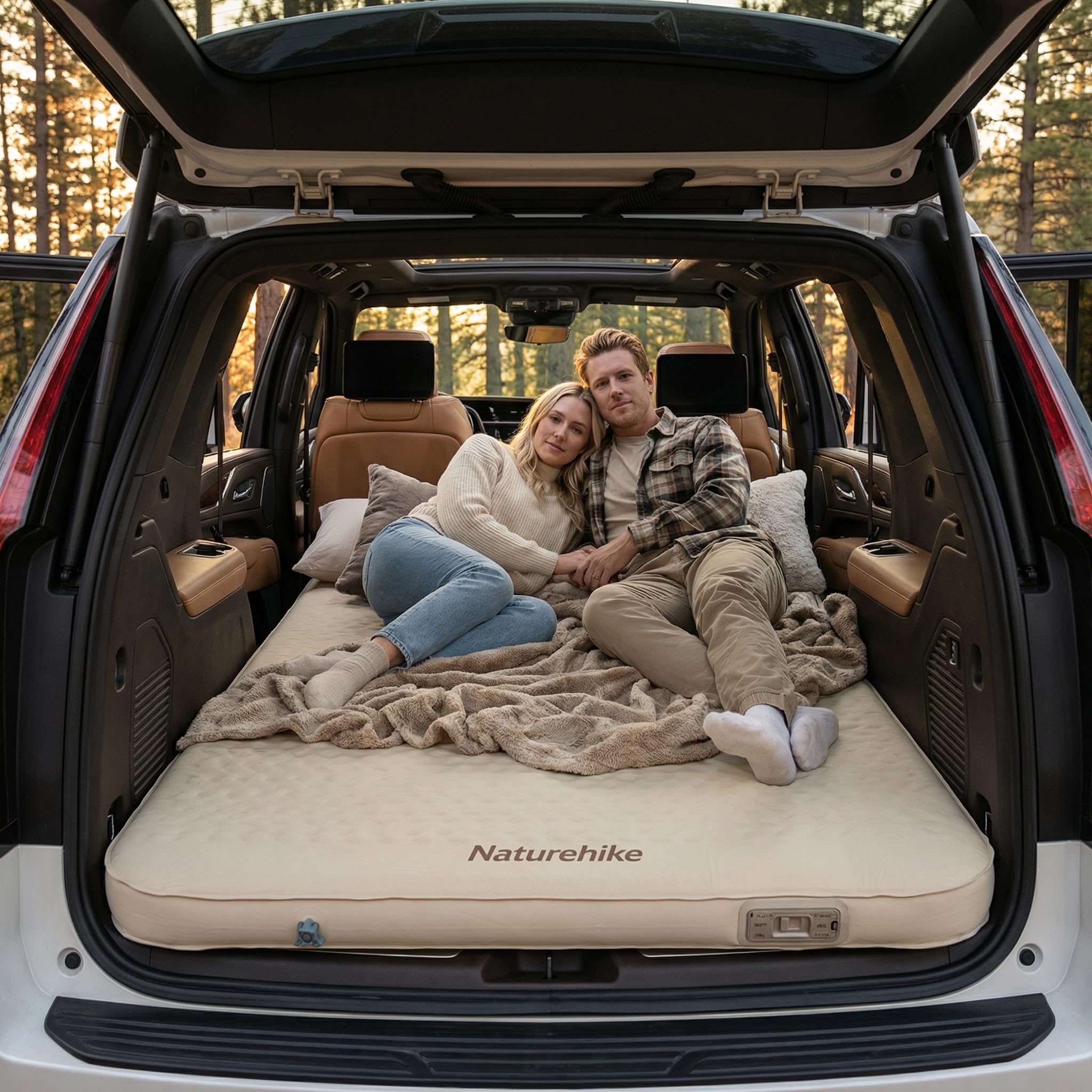Naturehike rolled mattress in car trunk showing easy vehicle storage benefit