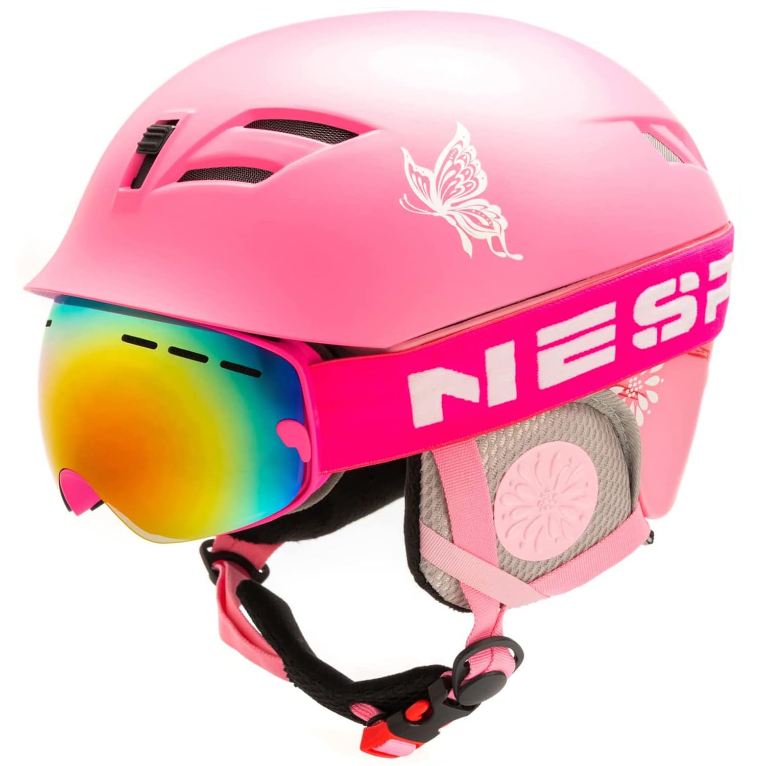 Natuway front view helmet and goggles combo showing fit and bright color for visibility