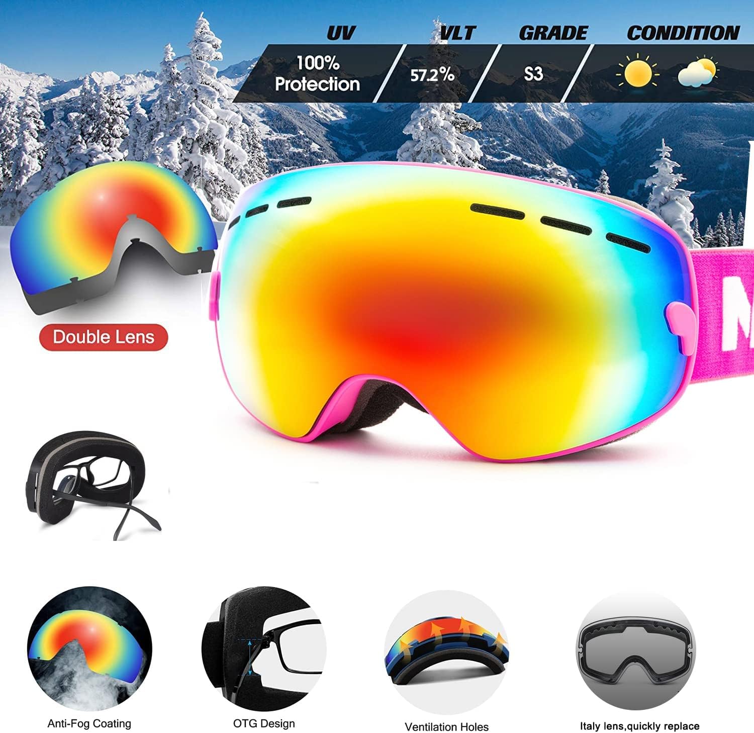 Natuway goggle lens detail showing anti-fog and UV protection for clear vision