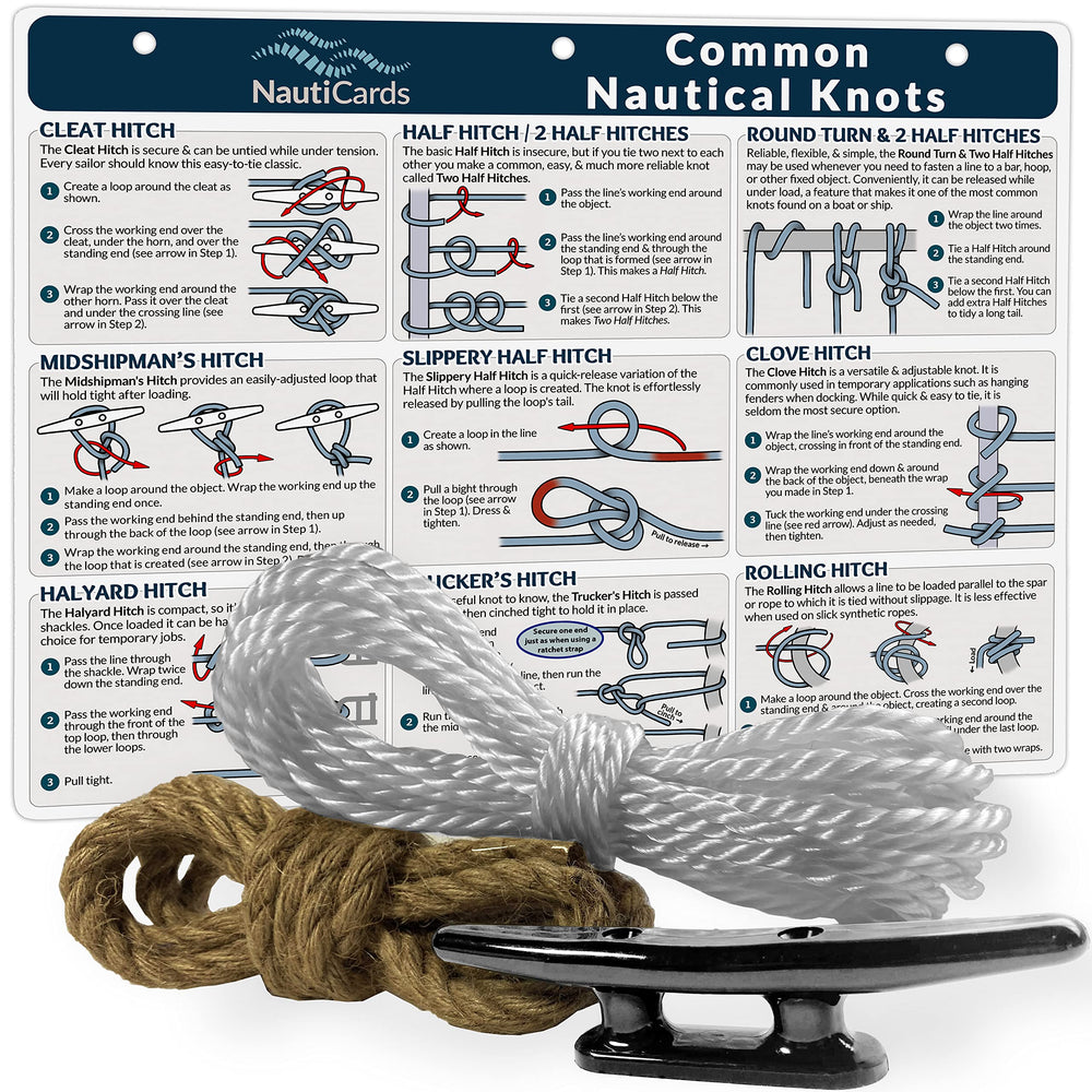 NautiCards kit front view showing chart cleat and ropes for quick-start learning