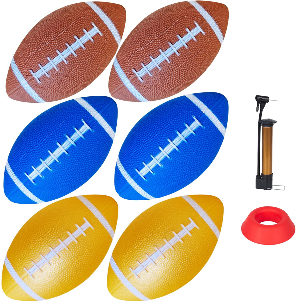 Nbguigdstr front packshot showing six colorful junior footballs and included pump for quick play