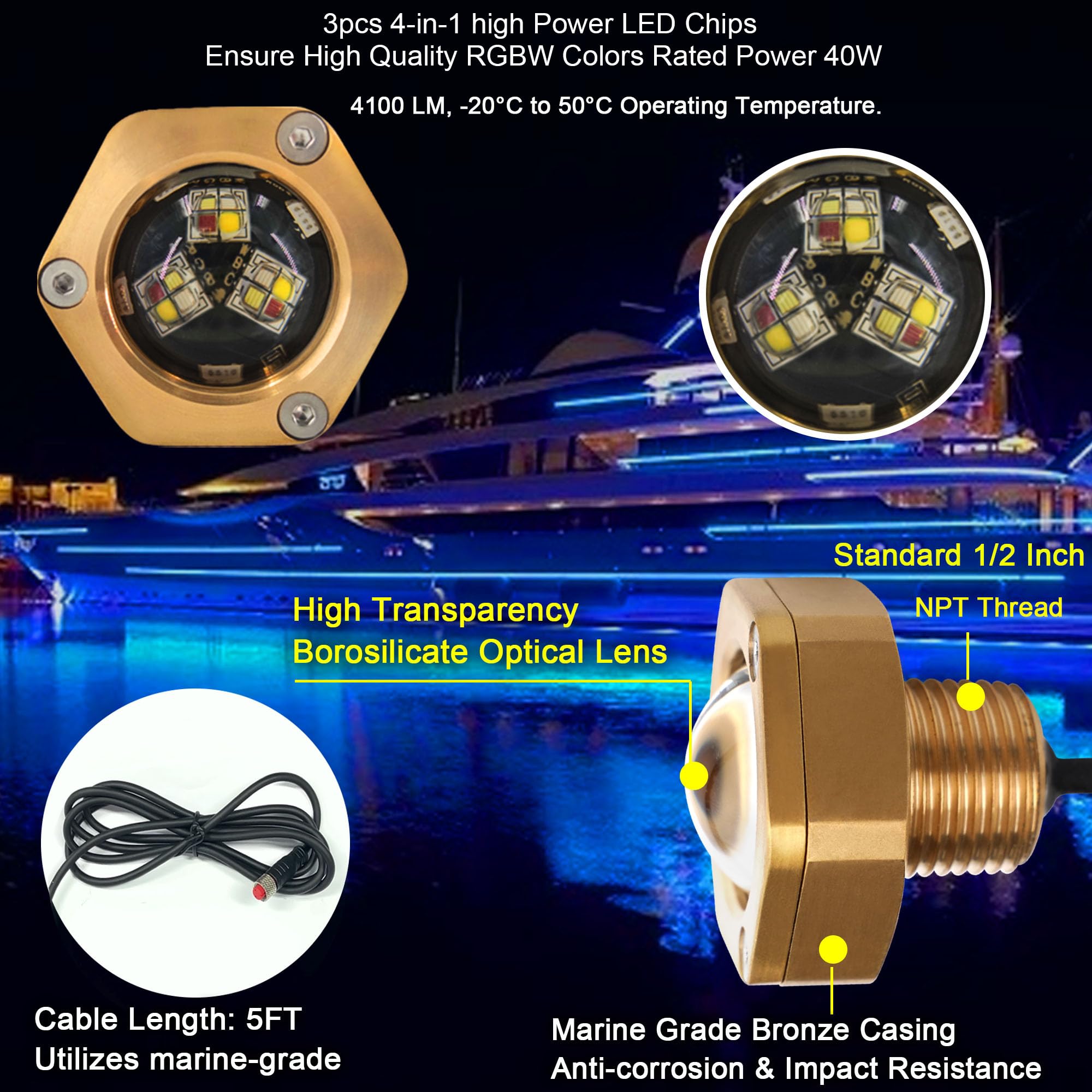 NBWDY underwater lighting at night showing bright RGBW effect for visibility benefit