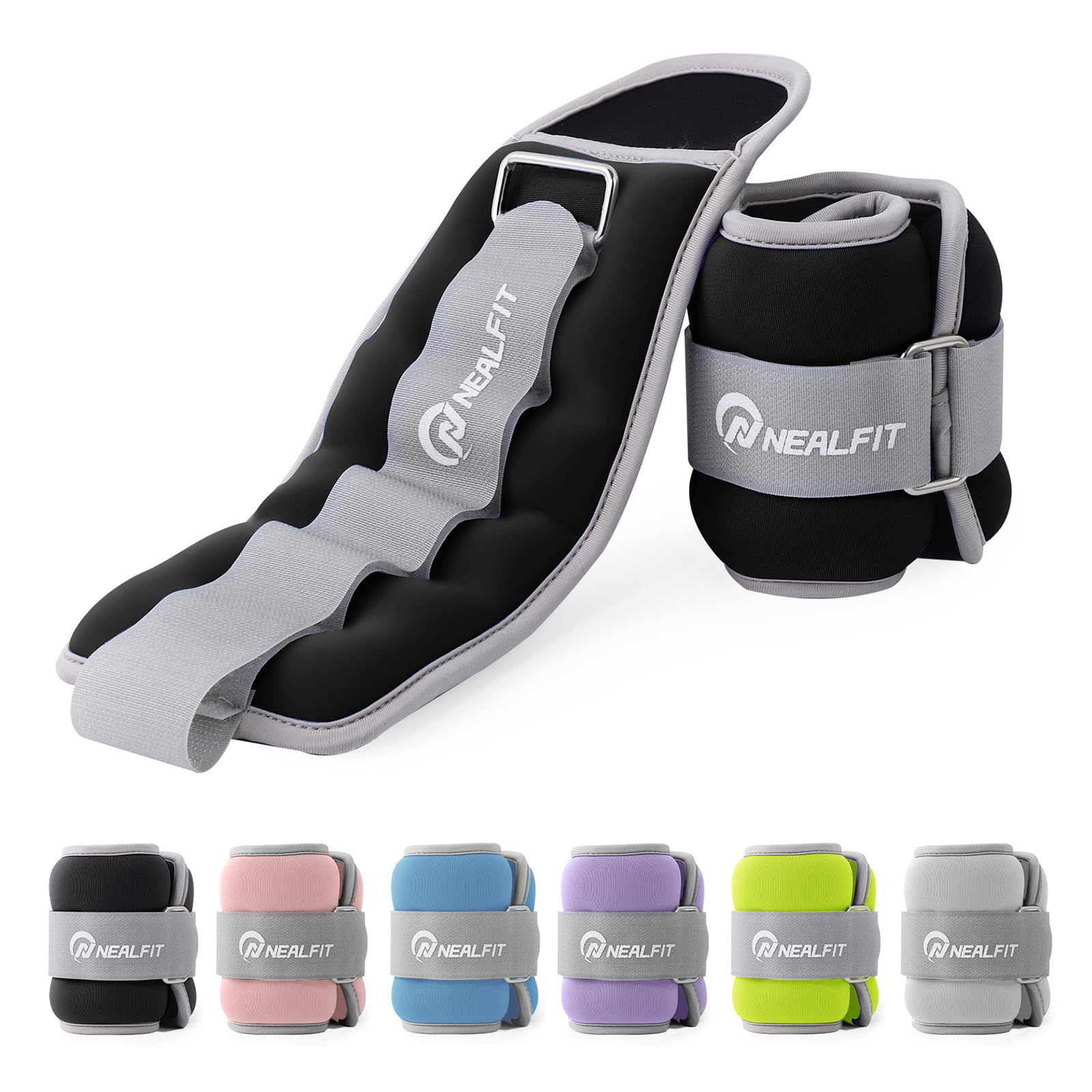NEALFIT front view showing the 1.5 lb x 2 ankle weights and secure strap benefit