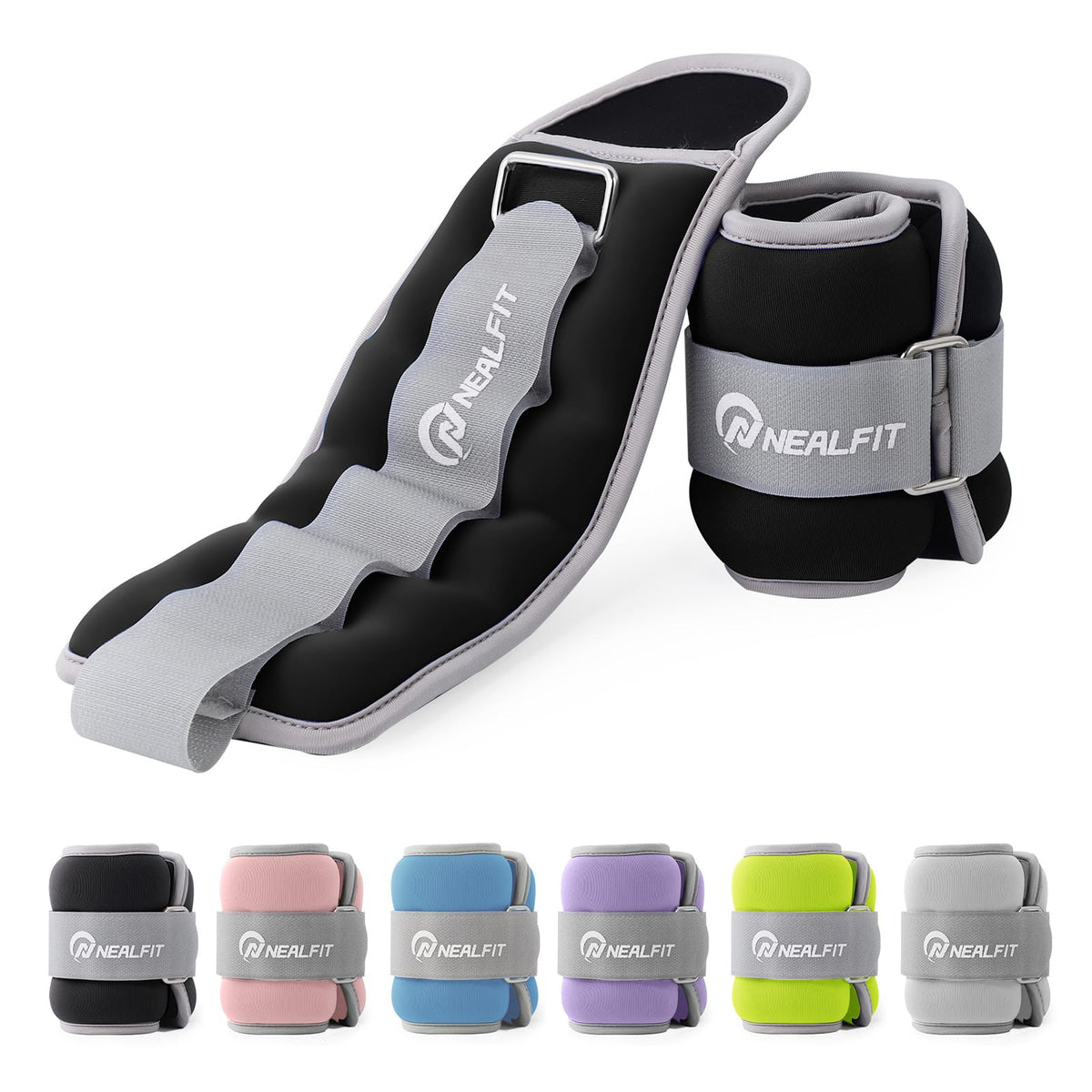 NEALFIT front view showing the 1.5 lb x 2 ankle weights and secure strap benefit