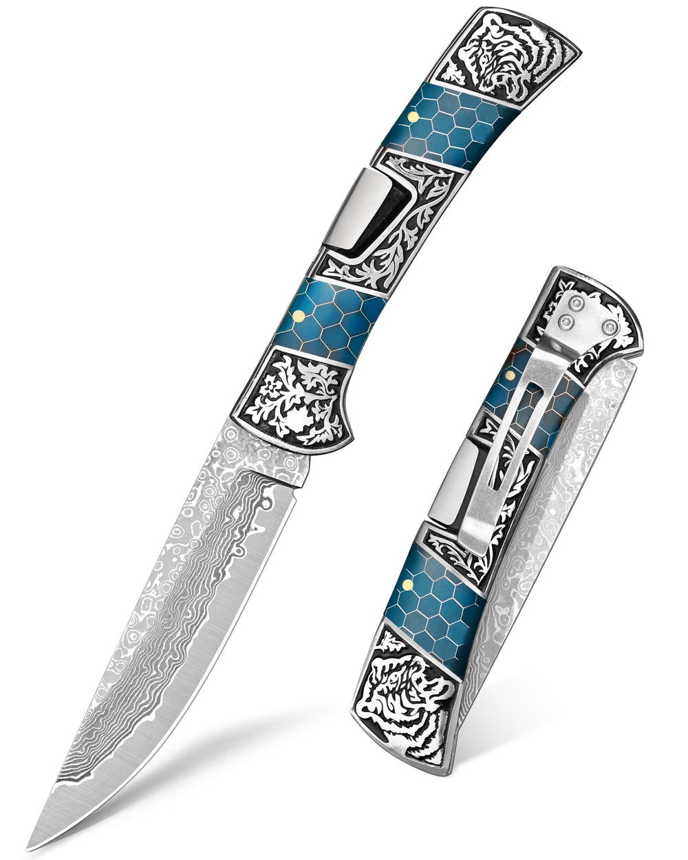 NedFoss Smilodon front view open showing blade and pattern, clear craftsmanship benefit