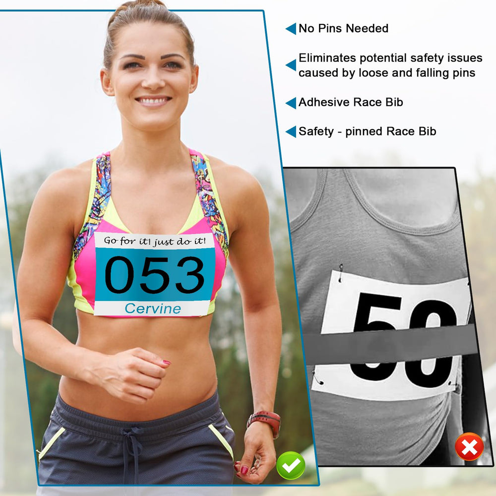 NELOMO bib on runner chest demonstrating stable placement and readability
