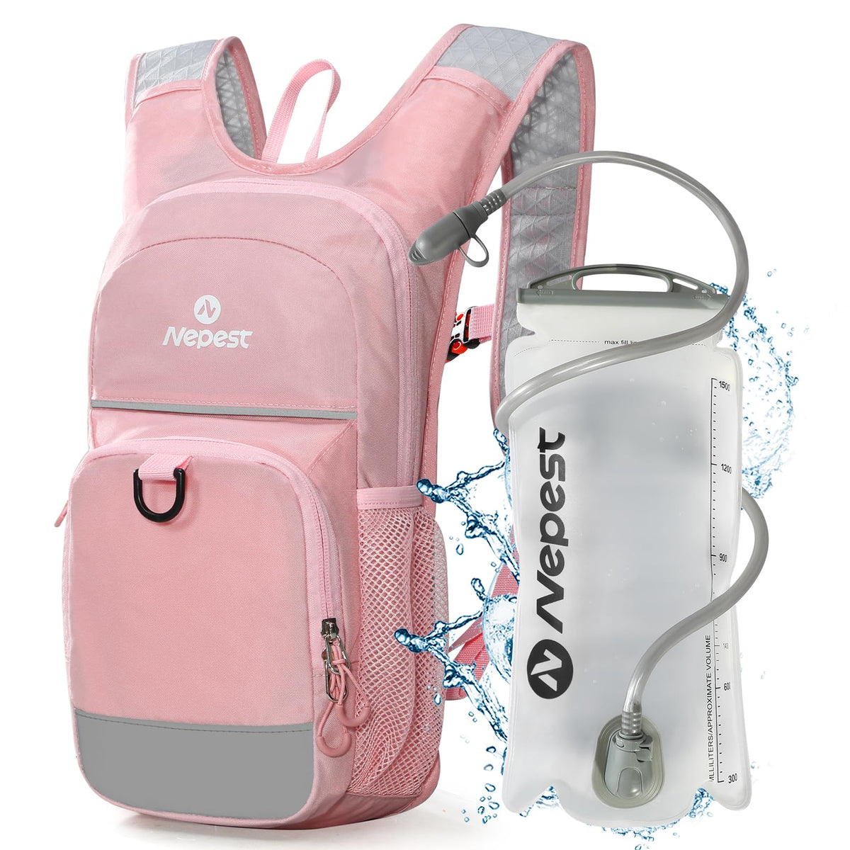 Nepest front view pink hydration backpack showing compact design and pockets