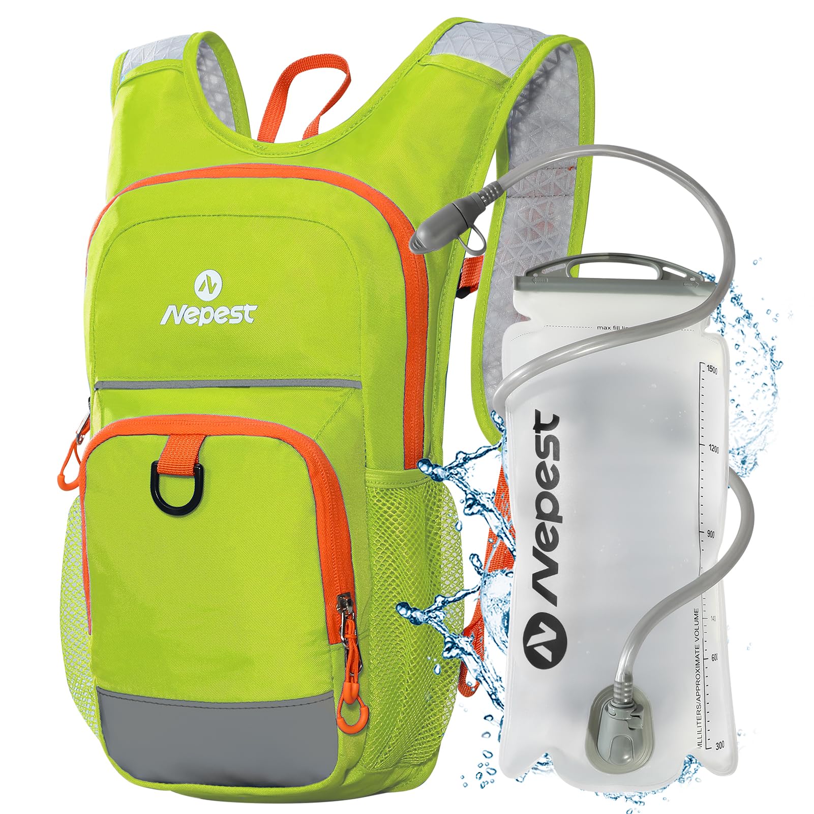 Nepest front view of green kids hydration backpack showing pockets and compact design for adventure