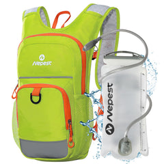 Nepest front view of green kids hydration backpack showing pockets and compact design for adventure