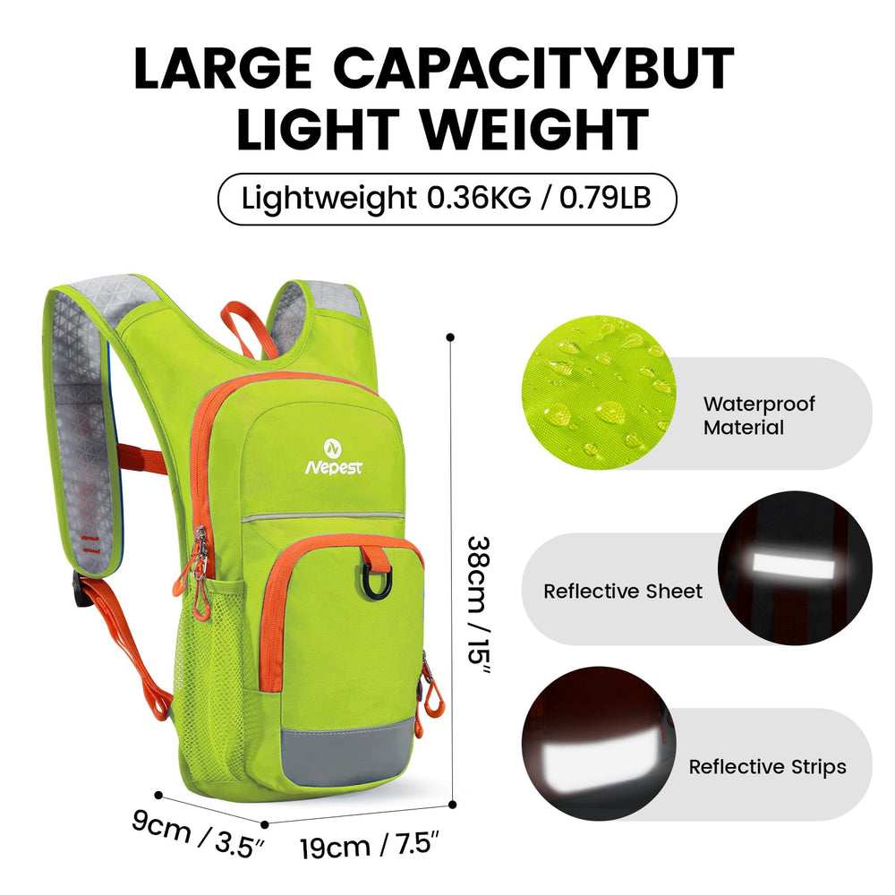 Nepest backpack worn by child cycling hands-free hydration for safer rides