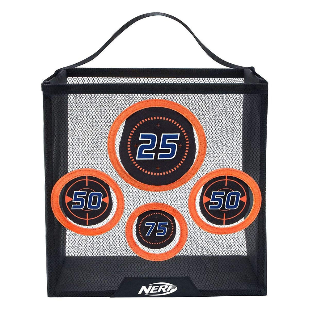 Nerf Elite target next to a water bottle showing compact size and easy transport advantage