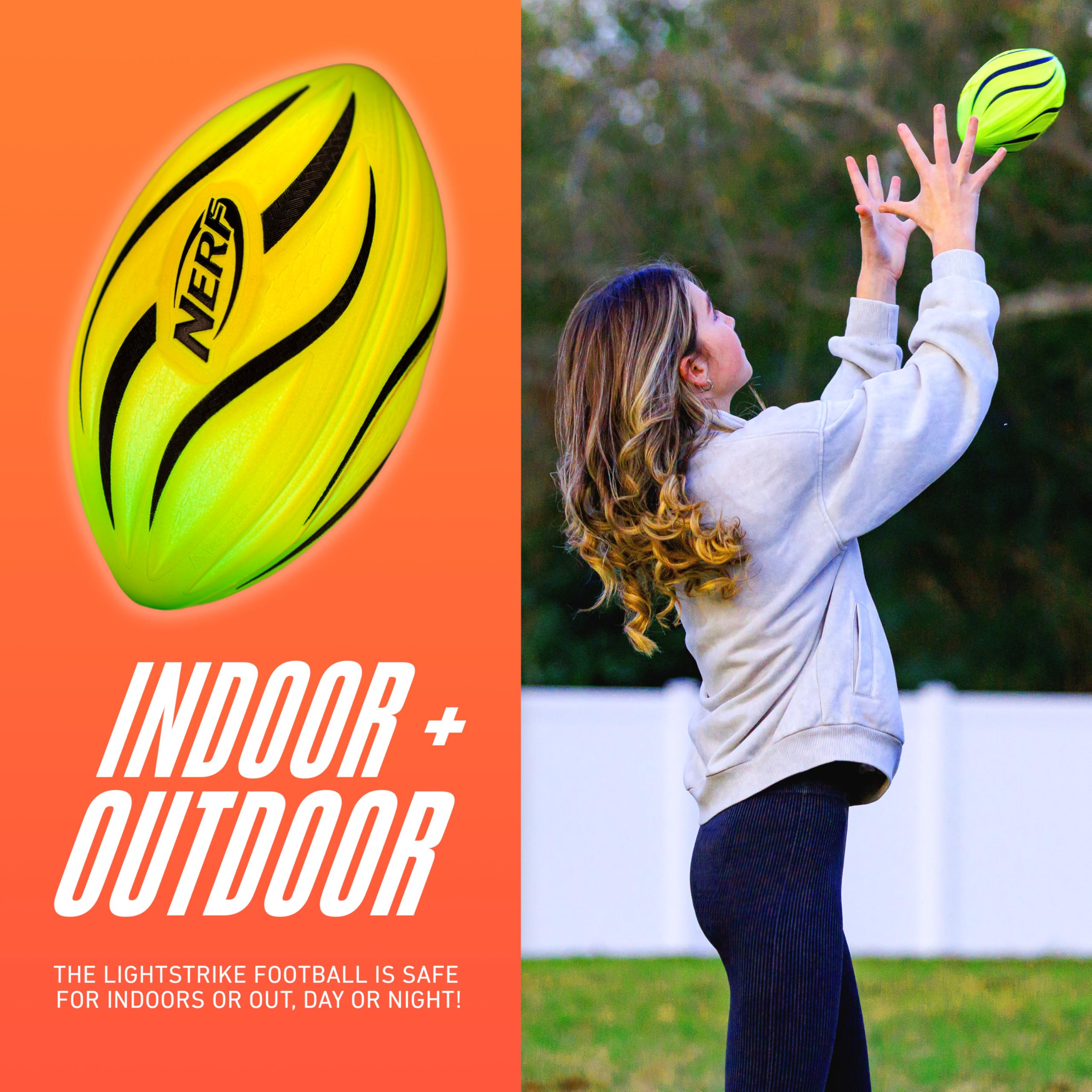 NERF ball in a child’s hand demonstrating 8.5 inch size and easy control