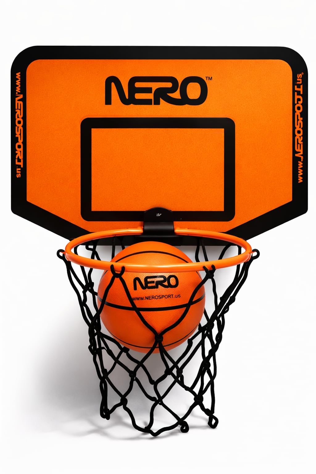 NERO SPORT front view of mounted mini hoop showing compact backboard and rim for space-saving fun