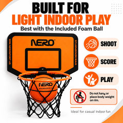 NERO SPORT silent foam ball resting next to rim illustrating reduced noise and indoor-friendly play