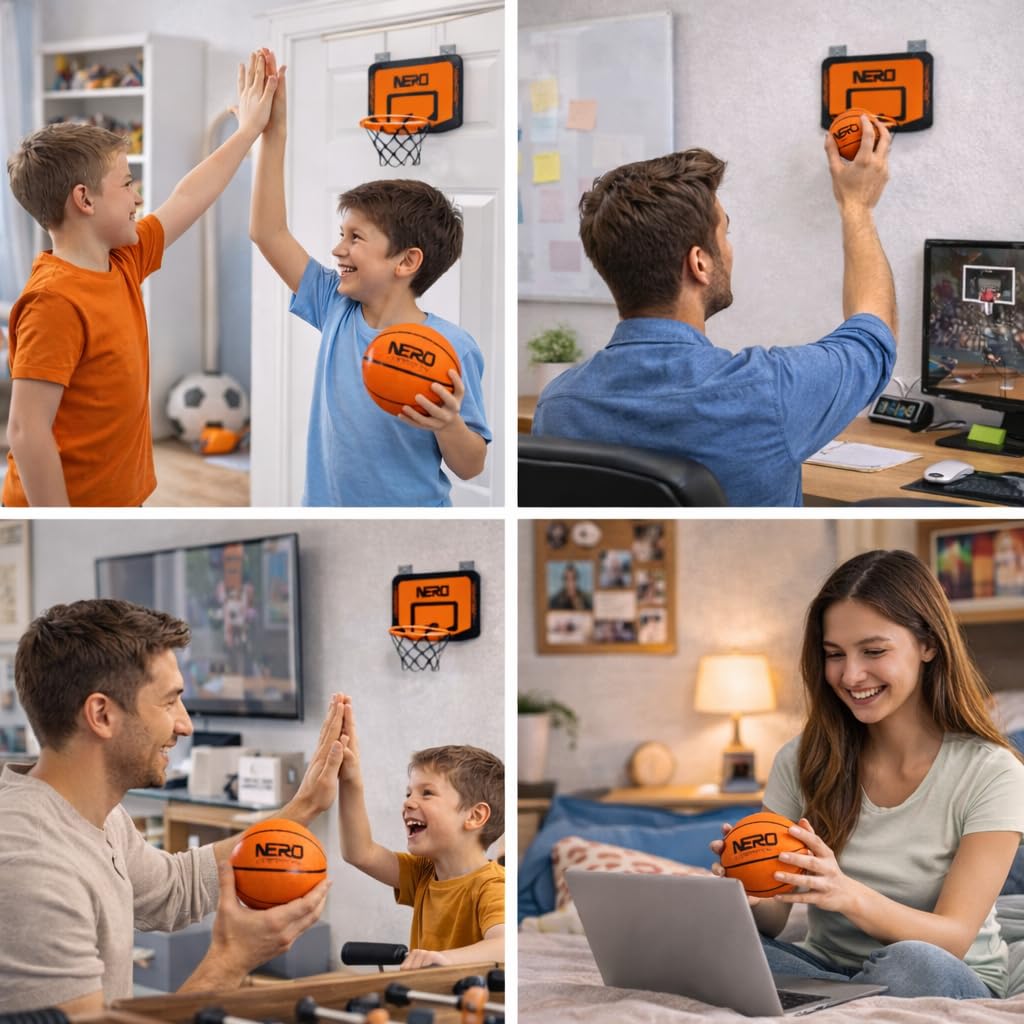 NERO SPORT hoop shown over a desk for scale to demonstrate compact footprint and easy placement