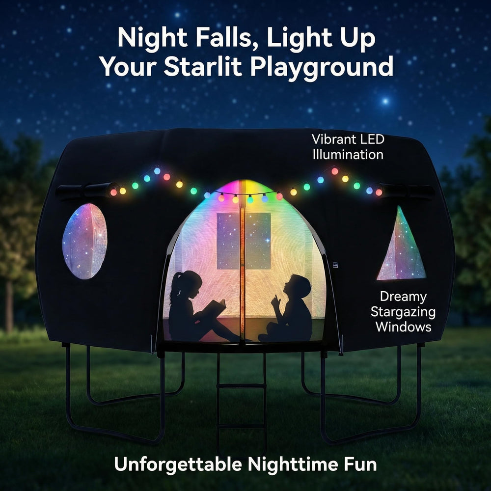 Nestly LED lights illuminated at night creating cozy backyard ambiance