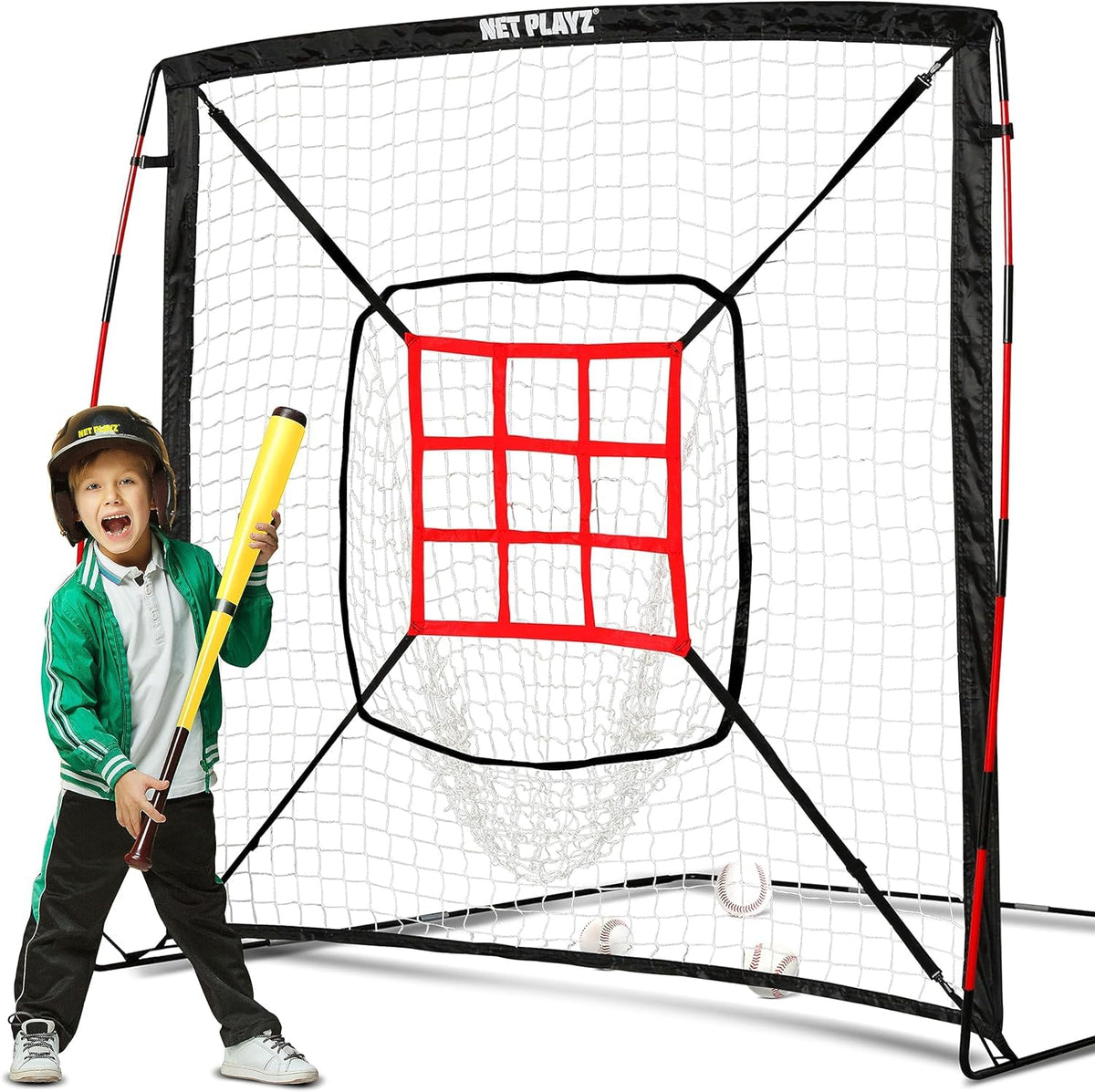 NET-PLAYZ front view of black 5x5ft practice net showing size and shape benefits