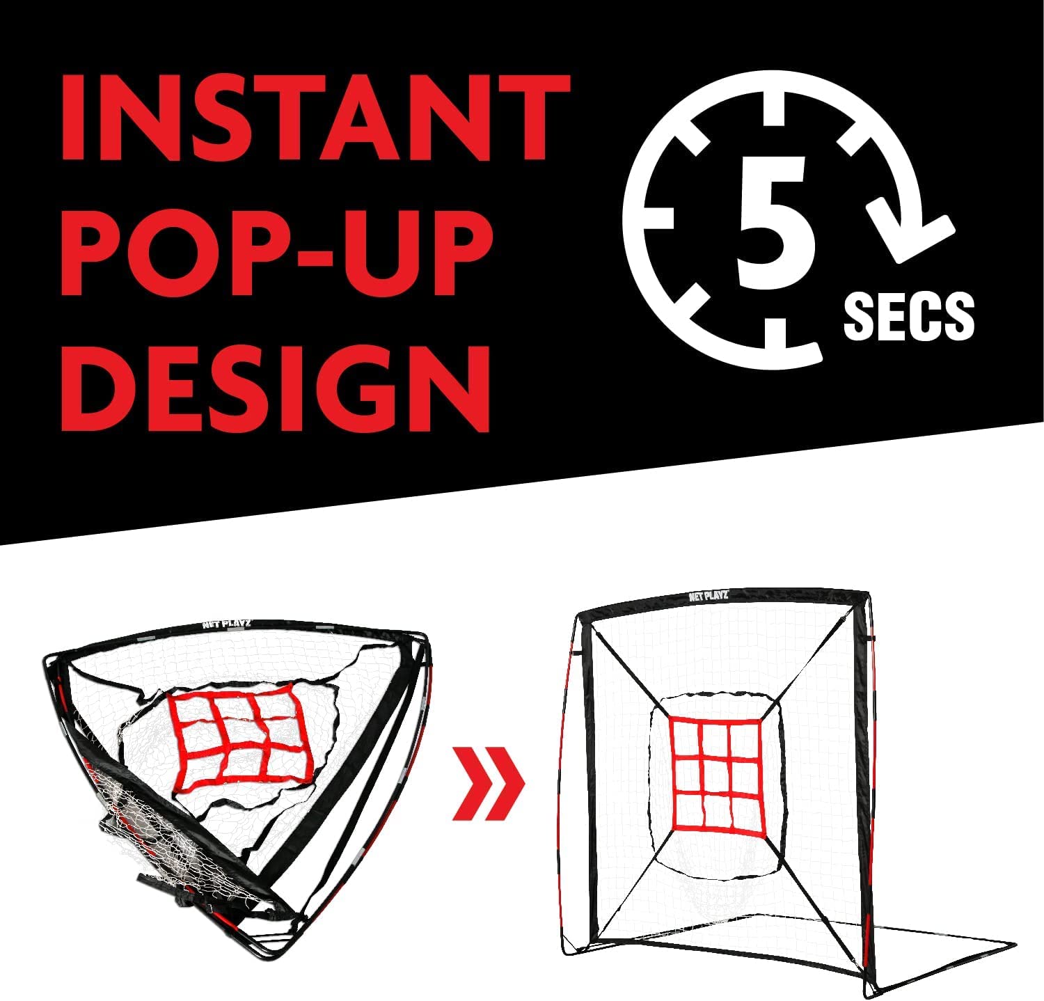 NET-PLAYZ black and red fiberglass poles with L-connectors showing quick assembly benefit