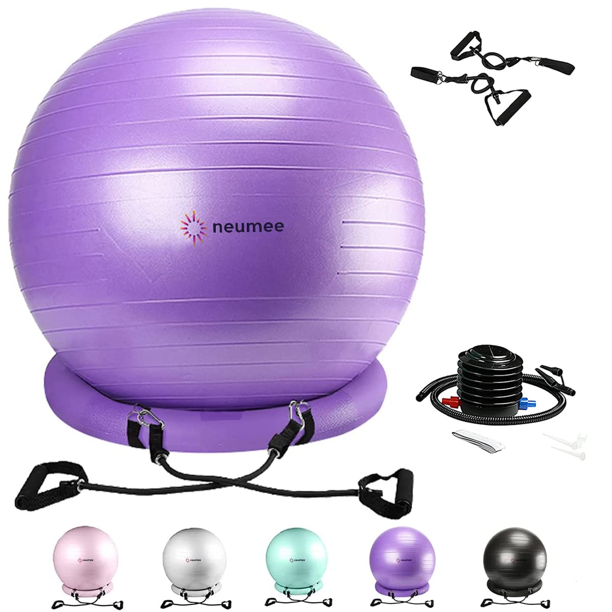 NEUMEE front view of purple ball chair showing stable base and ergonomic seat benefit