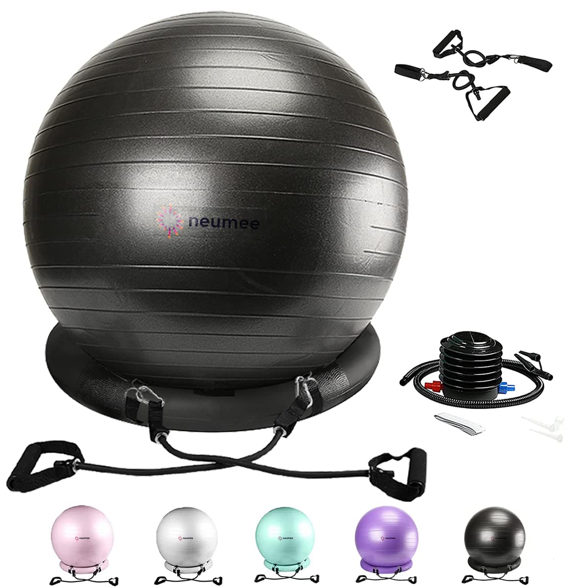 NEUMEE front view of yoga ball chair showing stability base and ball for improved posture