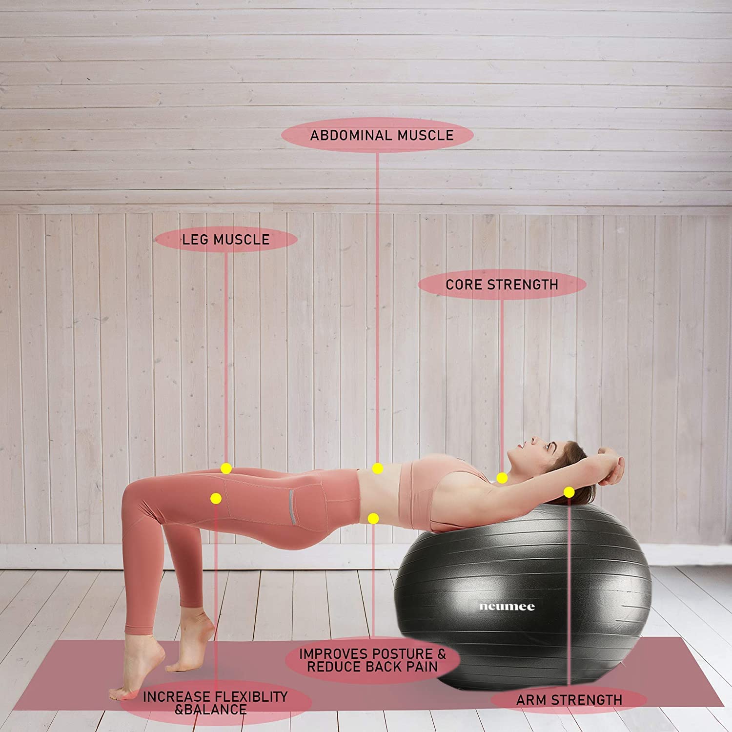 NEUMEE performing pilates exercise with ball and bands for balanced low-impact workouts