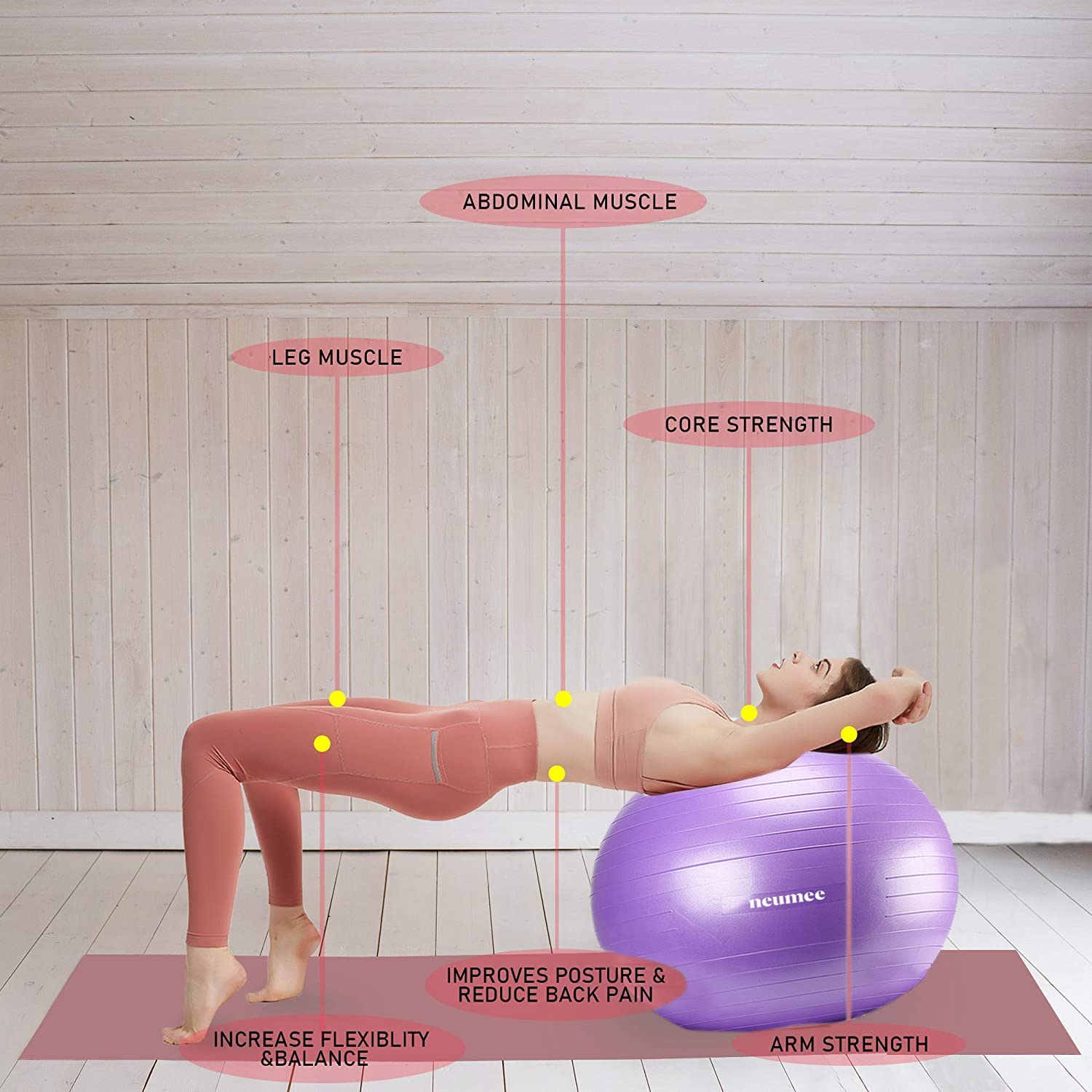 NEUMEE ball chair size comparison with person showing 65cm scale for correct fit benefit