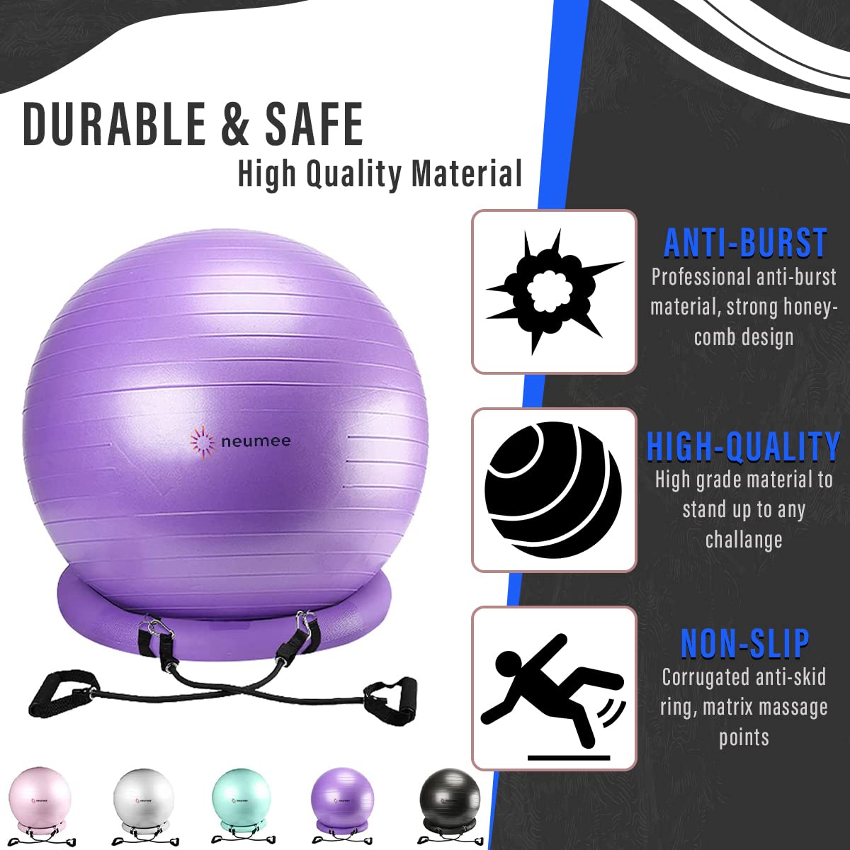 NEUMEE close-up of stability base highlighting secure support and easy mobility benefit