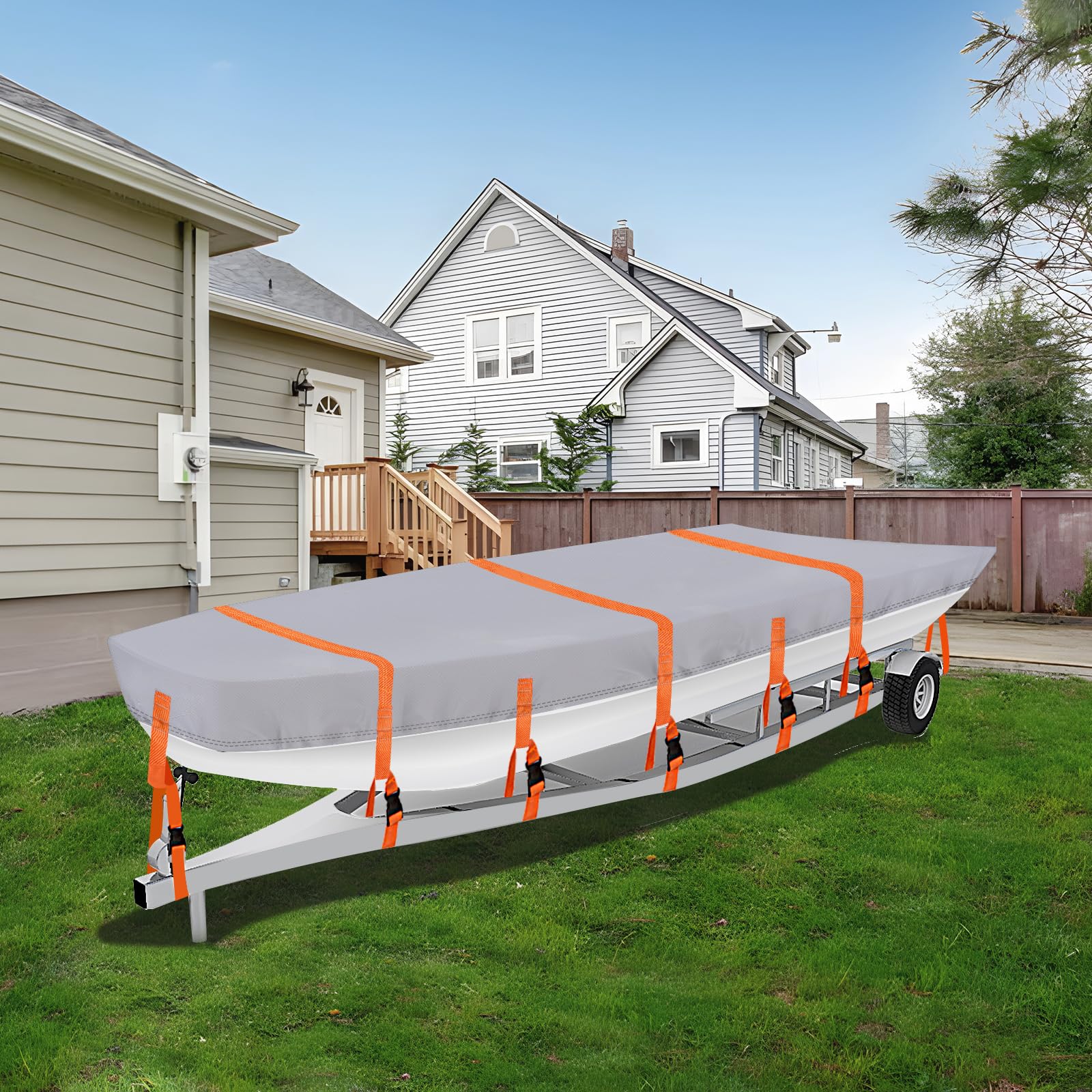 NEVERLAND cover beside paddle showing size comparison and fit for 12–14 ft boats