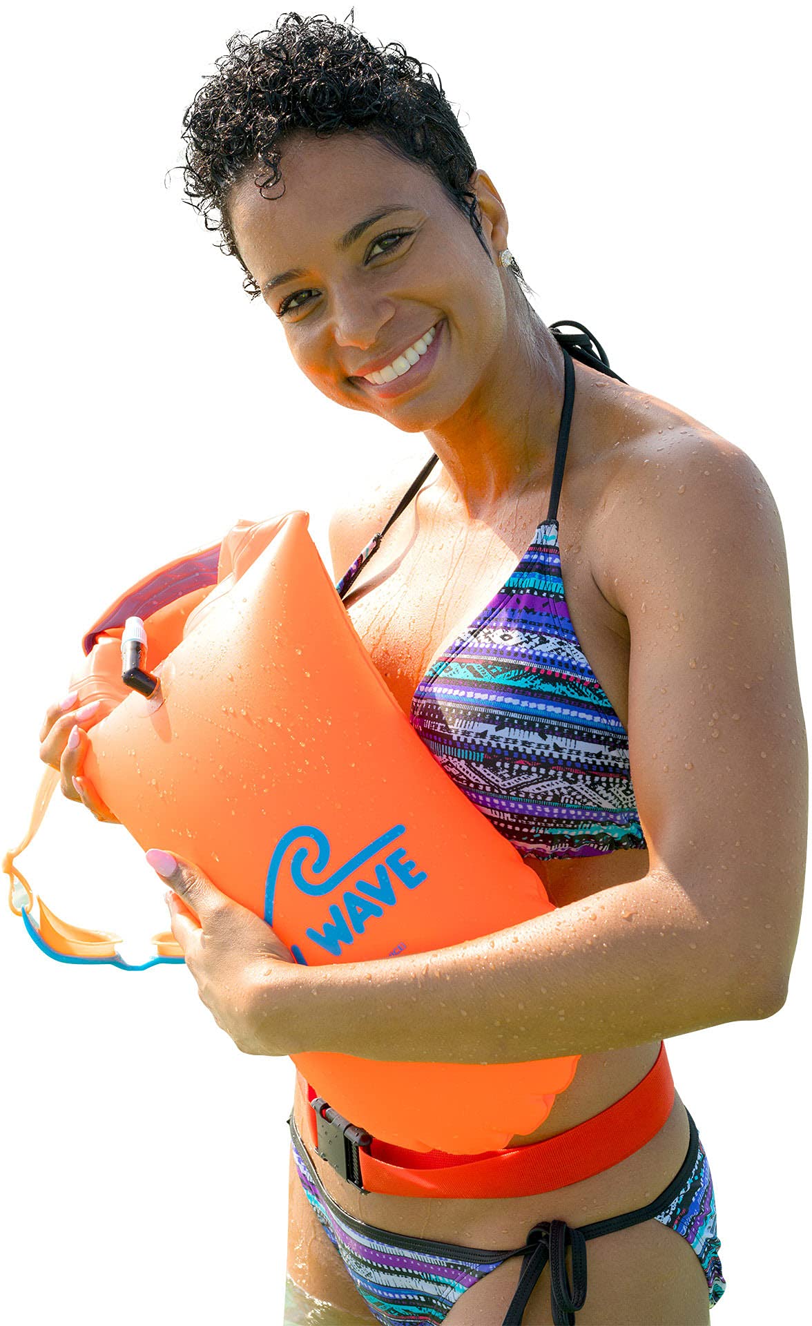 New Wave Swim Buoy next to water bottle showing scale and 15L capacity benefit