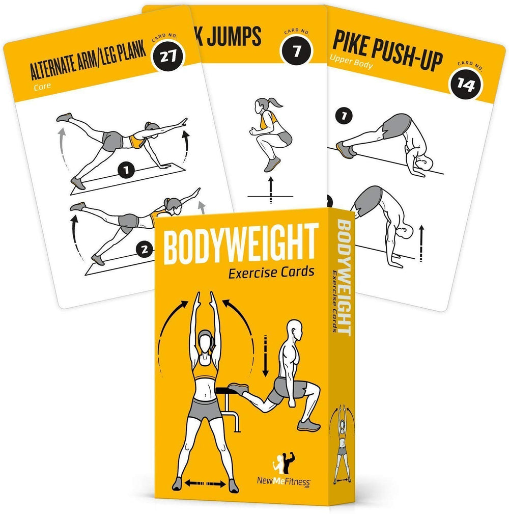 NewMe Fitness front packaging showing the 50-card workout deck and clear benefits