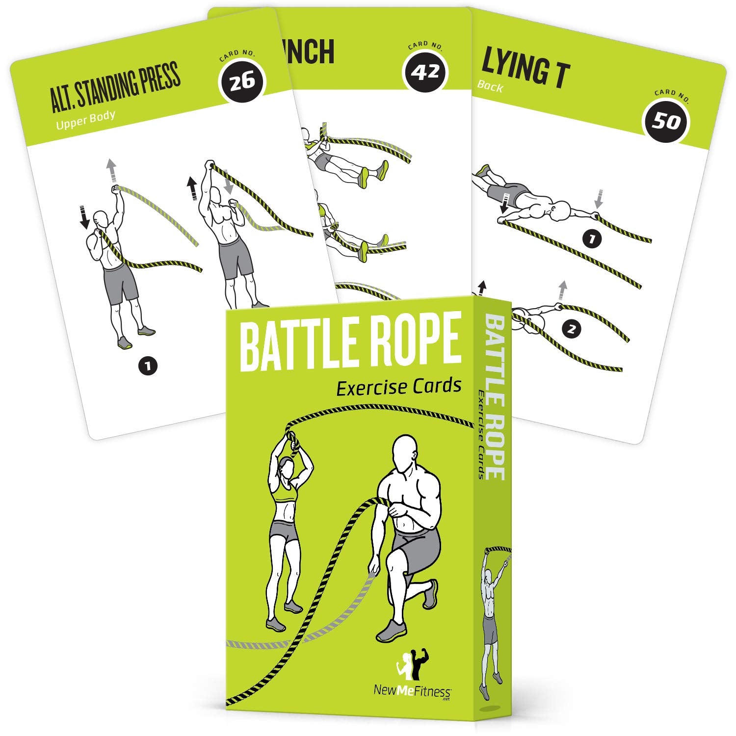 NewMe Fitness front packaging showing the 62-card deck and box, portable program benefit