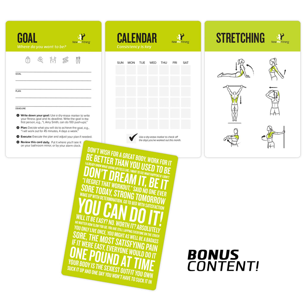 NewMe Fitness mobility stretching card laid flat with illustrated moves, recovery support benefit