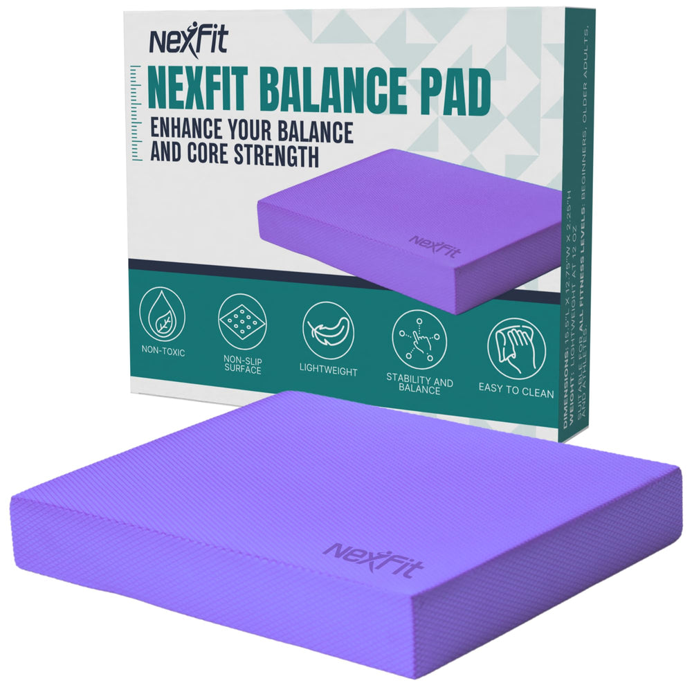 NEXFIT balance pad front view showing compact purple pad and stable base benefit