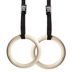 NEXPRO wooden rings front view showing pair and included straps for versatile workouts