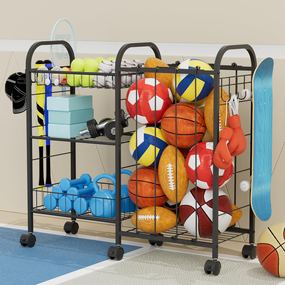 NEYCIL front view of rolling storage rack showing organized balls and compact footprint benefit
