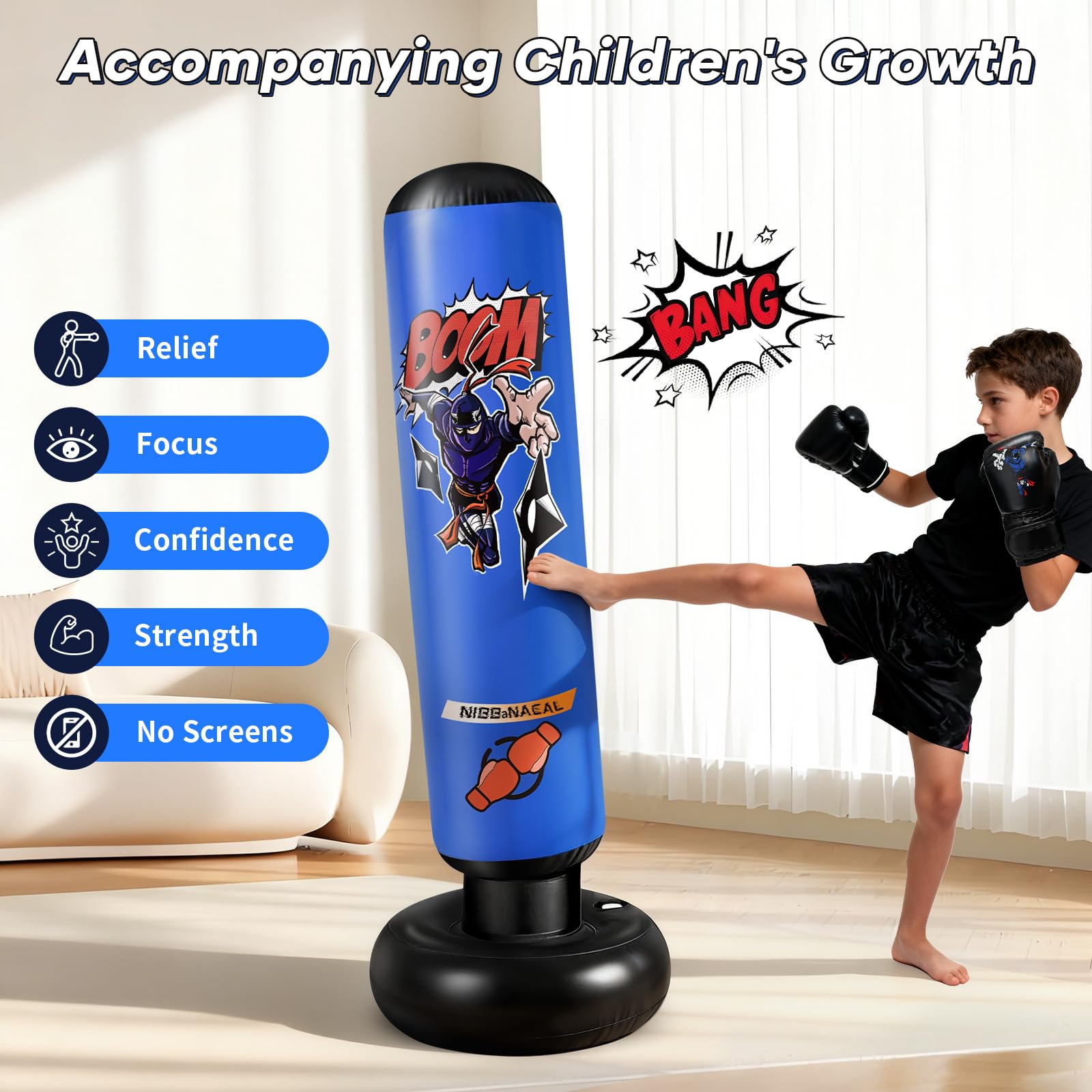 NIBBaNACAL boxing gloves and manual pump laid out for quick setup convenience